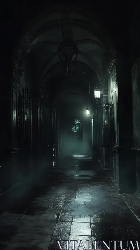 Gothic corridor recedes into fog under cold lantern light