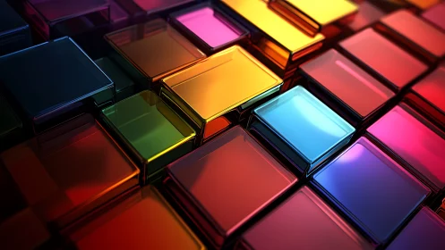 Multicolored glass-like 3D squares form layered geometric grid