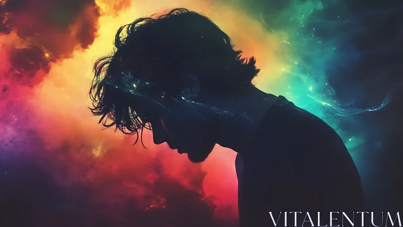 Silhouetted figure dissolves into prismatic galactic nebula.