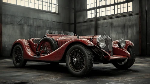 Vintage red roadster rests in moody industrial garage.