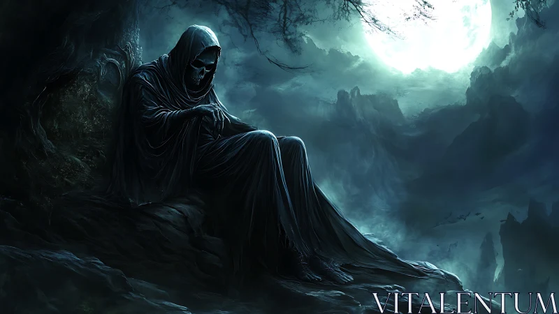 Brooding reaper rests beneath a haunting, moonlit sky.