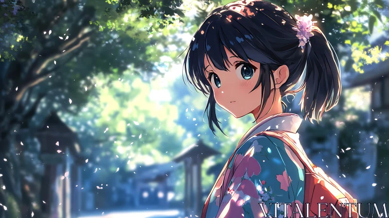 Girl in patterned kimono stands in sunlit outdoor walkway