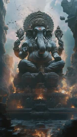 Majestic Ganesha statue rises amid fire and crumbling ruins.
