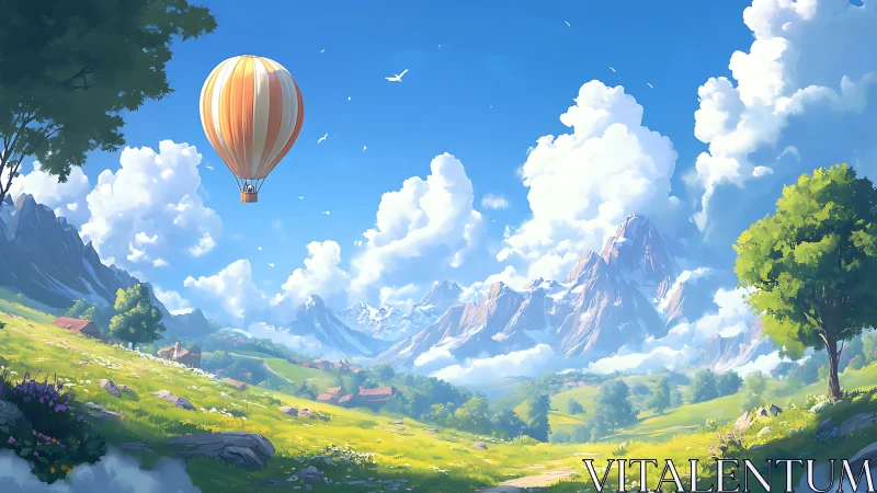 Sunny hot air balloon drifting above peaceful valleys.