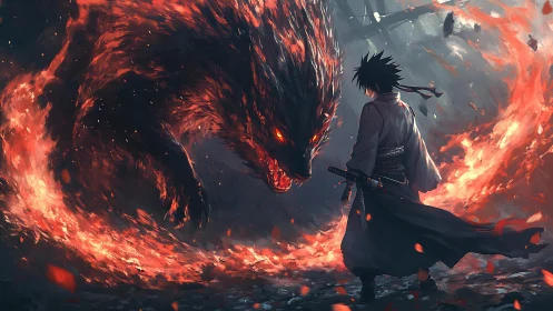 Swordsman confronts massive fiery wolf in burning arena.