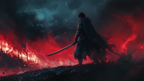 Stormlit swordsman carves a burning path through crimson dusk