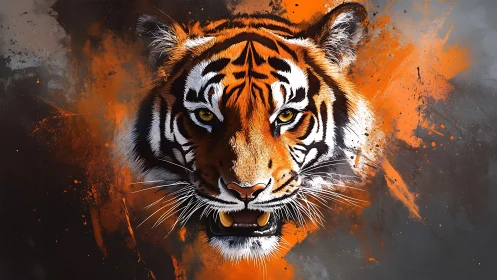 High-contrast tiger portrait with explosive chromatic splatter.