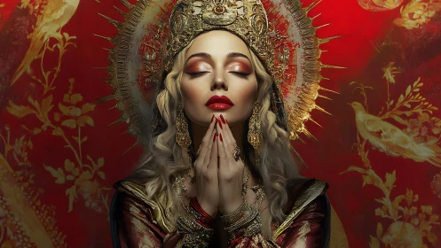 Golden crowned woman prays in radiant red icon glow