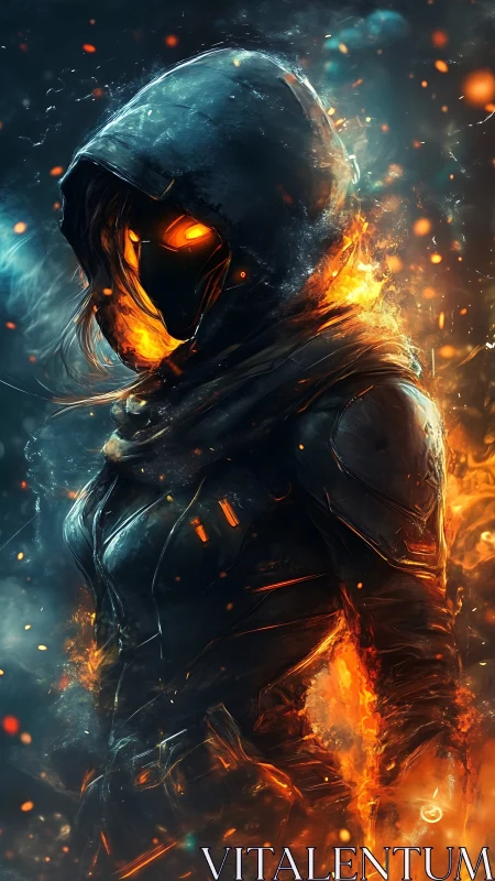 Incandescent hooded combatant in thermally reactive exosuit.