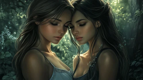 Digital painting of twin women in luminous forest chiaroscuro.