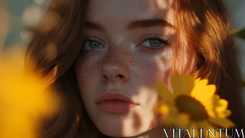 Freckled red-haired girl portrait framed by yellow flowers.