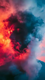 Male face surrounded by red and blue illuminated smoke.