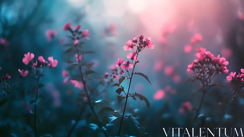 Pink Flowers Glowing in Blue Twilight.