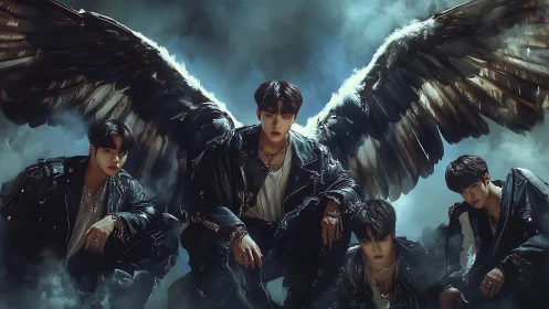 Winged figures crouch in smoky light wearing black leather