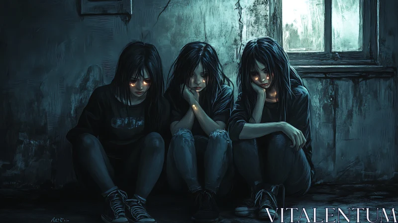 Three hooded girls with glowing eyes in decayed interior.