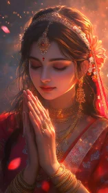 Devotional Indian woman bathed in warm golden light.