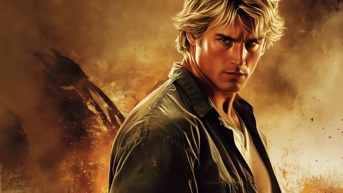 Determined blond hero in warm cinematic digital portrait lighting