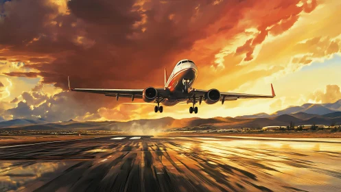 Airliner descends toward runway under intense sunset sky