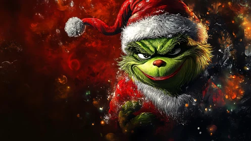 Sinister green Christmas trickster in fiery holiday glow.