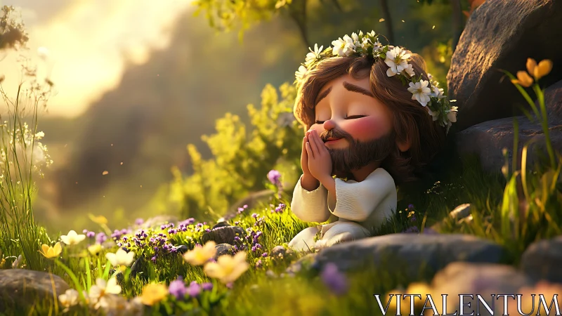 Gentle child with flower crown prays softly in golden meadow