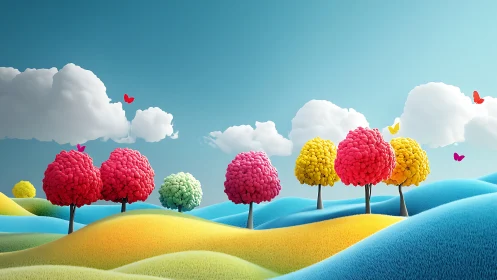 Colorful stylized trees on bright rolling hills under sky.