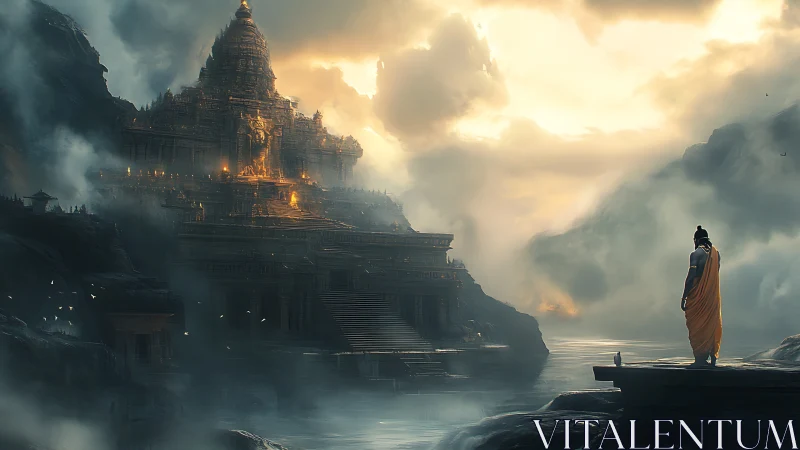 Solitary robed figure surveys monumental temple in misty gorge