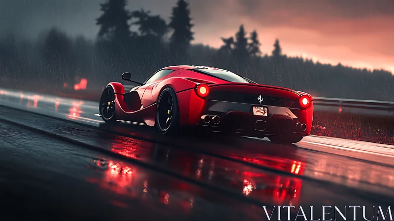 Aerodynamic hypercar under torrential dusk rainfall on circuit.