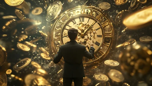 Backlit businessman manipulates colossal antique clock amid floating coins