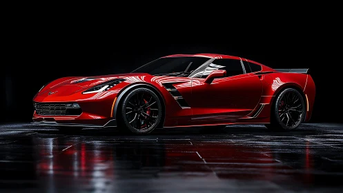 Red sports coupe is rendered on reflective wet studio surface