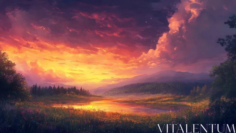 Luminous sunset over tranquil lake and wildflower meadow.