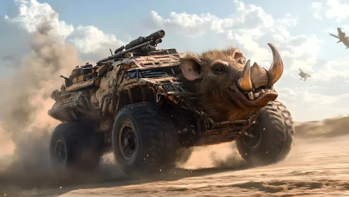 Warthog assault truck tears through blazing desert battlefield.