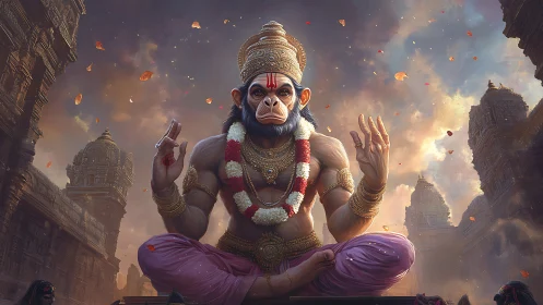 Divine monkey deity in serene temple courtyard at dusk.