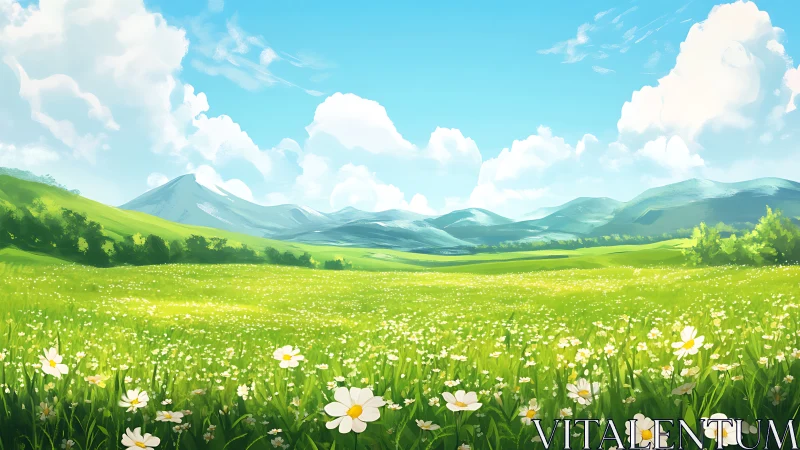 Sunlit wildflower meadow under bright summer sky.