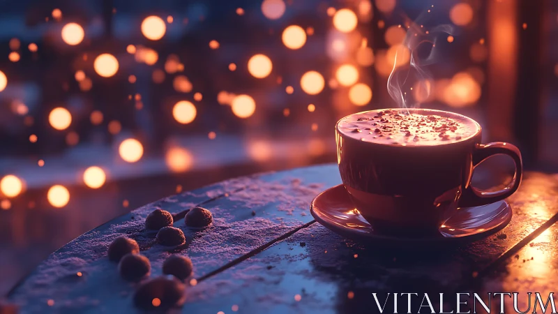 Steam rising from hot drink on snow-dusted outdoor table.