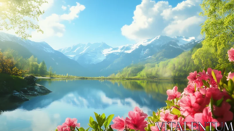 Mountain lake landscape with snow peaks and flowers.