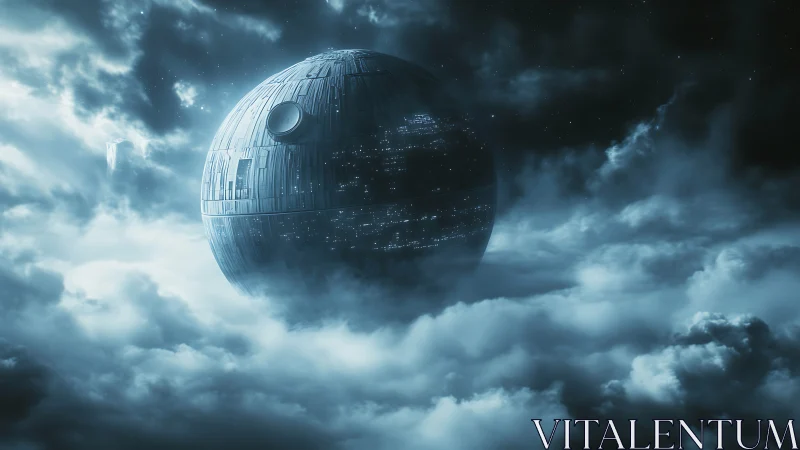 3D spherical battle station suspended in nocturnal cloudscape.