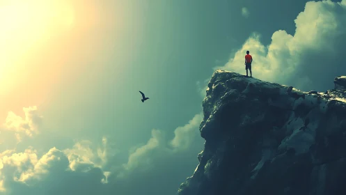 Solitary hiker contemplates sky from a sunlit cliff edge.