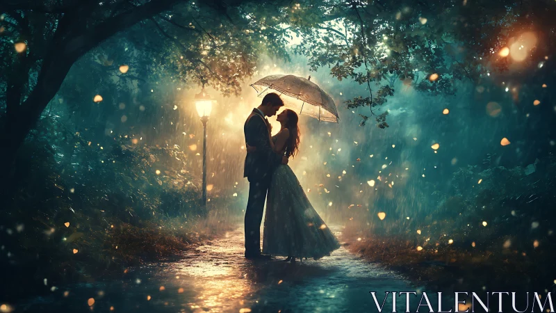 Luminescent Rain Embrace: Composited Couple Under Umbrella Amid Treescape.