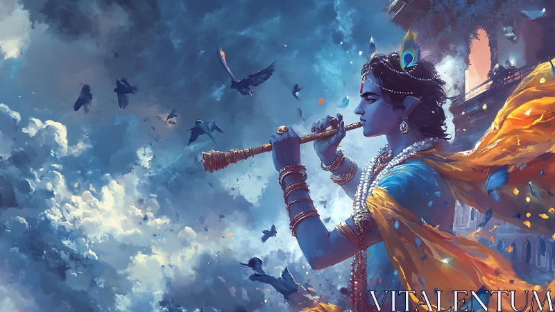 Blue-skinned figure with flute amid clouds and birds.