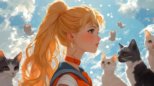 Blonde anime guardian with celestial cats under radiant sky.