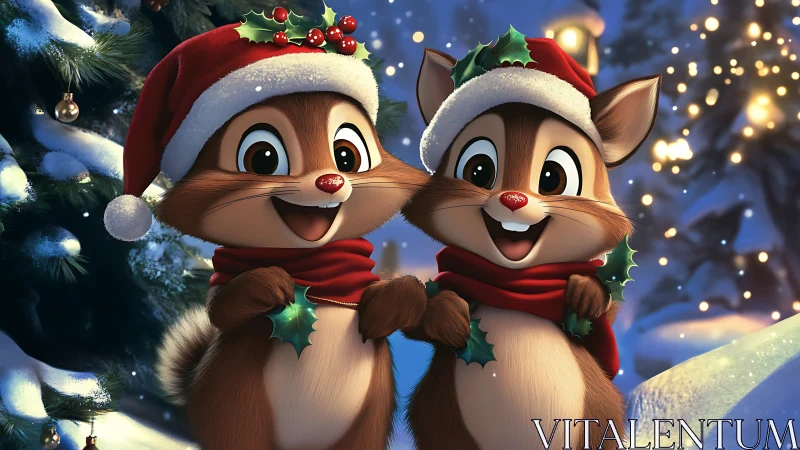 Cartoon chipmunks in Santa hats render with soft Christmas lighting