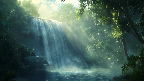Jungle Waterfall Filtered Through Canopy Light.