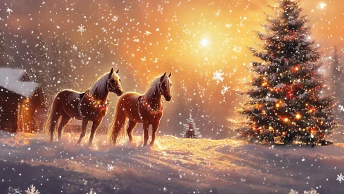 Horses in glowing snowfall beside festive Christmas tree.