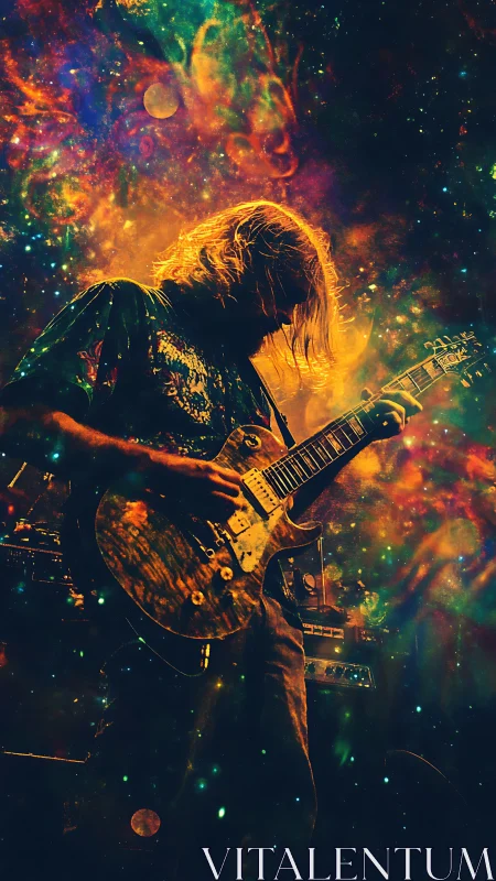 Cosmic stage silhouette with electric guitar nebula overlay.