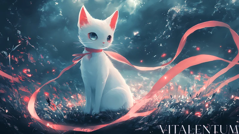 White cat with ribbon in nocturnal glowing meadow scene.