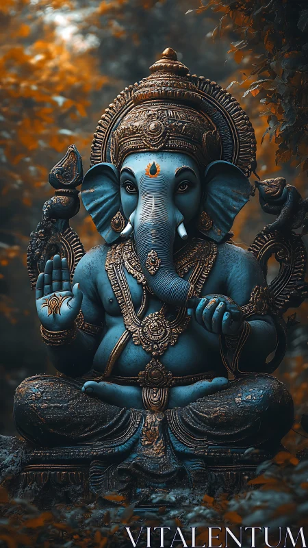 Ganesh sculpture rendered in teal bronze amid amber foliage.