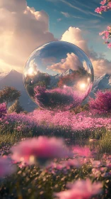 Mirror sphere hovers over dream-bright valley of pink blooms
