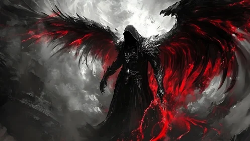 Dark winged reaper emerges with blazing crimson scythe.