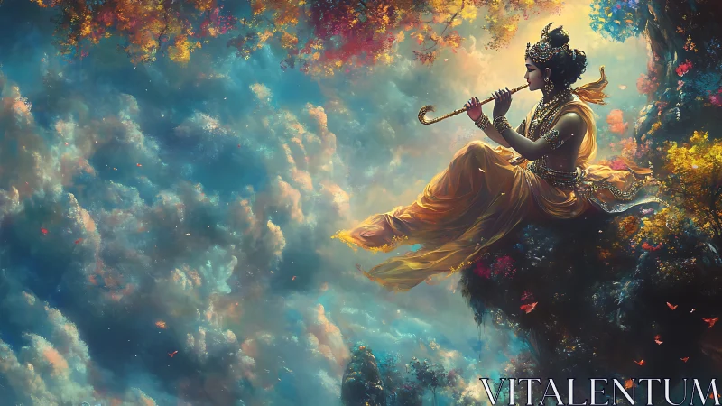 Divine flutist drifts above luminous celestial clouds