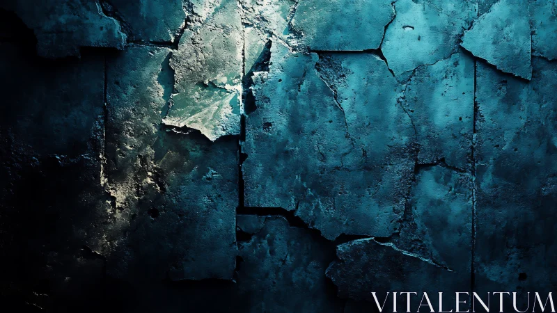 Shattered teal plaster quietly maps a forgotten ocean floor